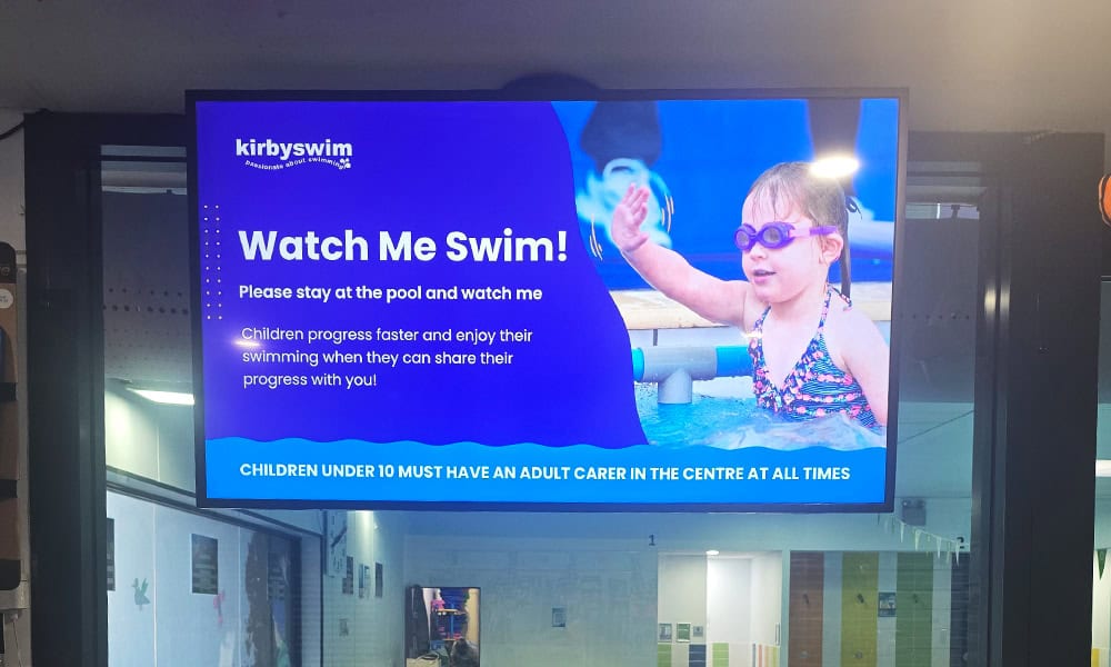 kirby swim digital signage installation fusion signage advanced